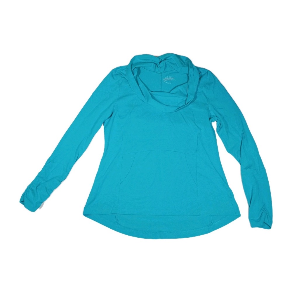 Nomadic Traders Cowl Neck‎ Pullover Women's L Teal Hi-Lo Hem Pockets Fitted Long